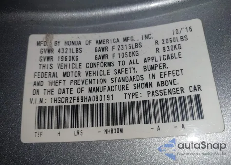 2017 Honda Accord Ex-L из США, поврежденный, VIN 1HGCR2F89HA080191